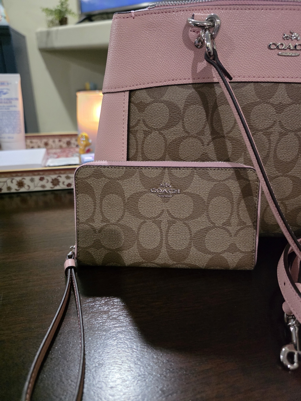 Coach Pink Trim Signature Canvas Wristlet Wallet
